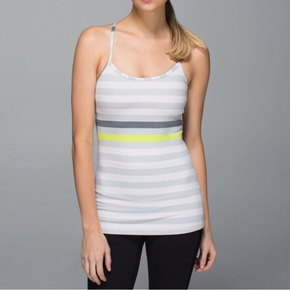 Lululemon Power Y Striped Tank Top in White, Gray, and Neon Yellow (Size 6)